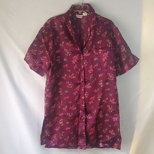 Kathryn Maroon Floral Print Button Down Vintage Sleep Shirt